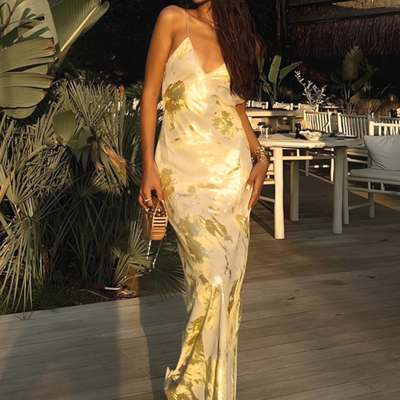 Commense - Metallic Print V-Neck Backless Slip Long Dress - Picture 2 of 3